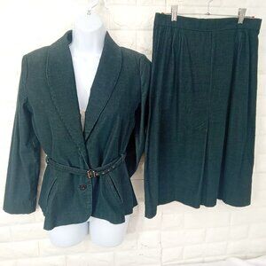 Vintage '70s 2-pc Set Suit Corduroy Blazer Belted + Skirt Kick Pleat S/M(6-8)